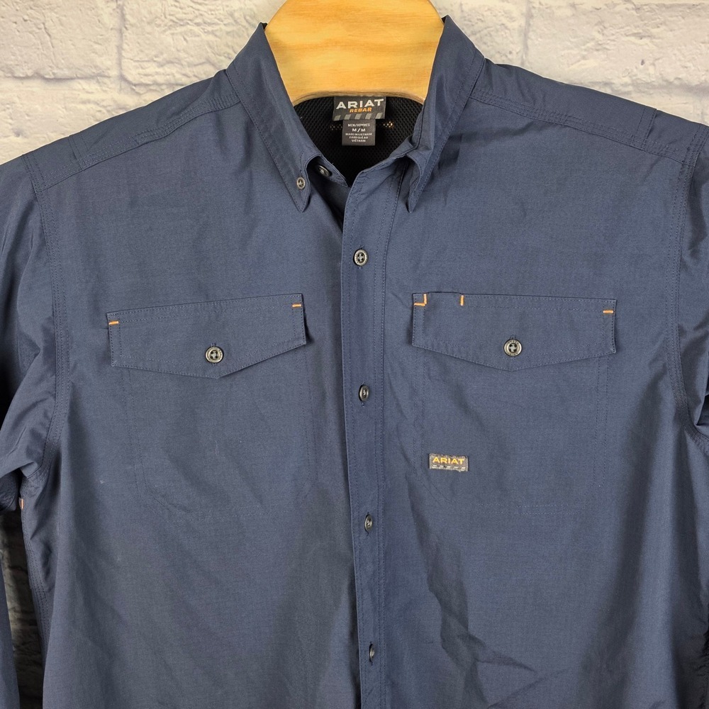 Ariat Rebar Mens Navy Blue Button Long Sleeve‎ Work Shirt Vented Size Medium